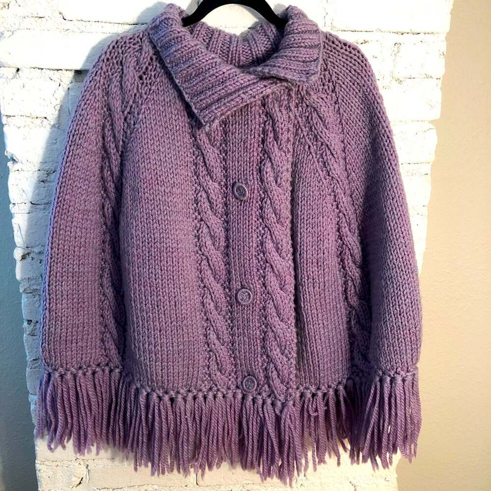 Vintage Hand Knitted Chunky Wool Fringe Poncho